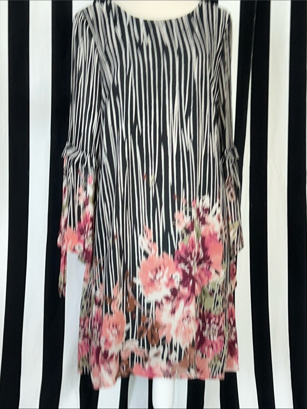 Luxology Black and White Striped Floral Shift Dress with Pink Accents